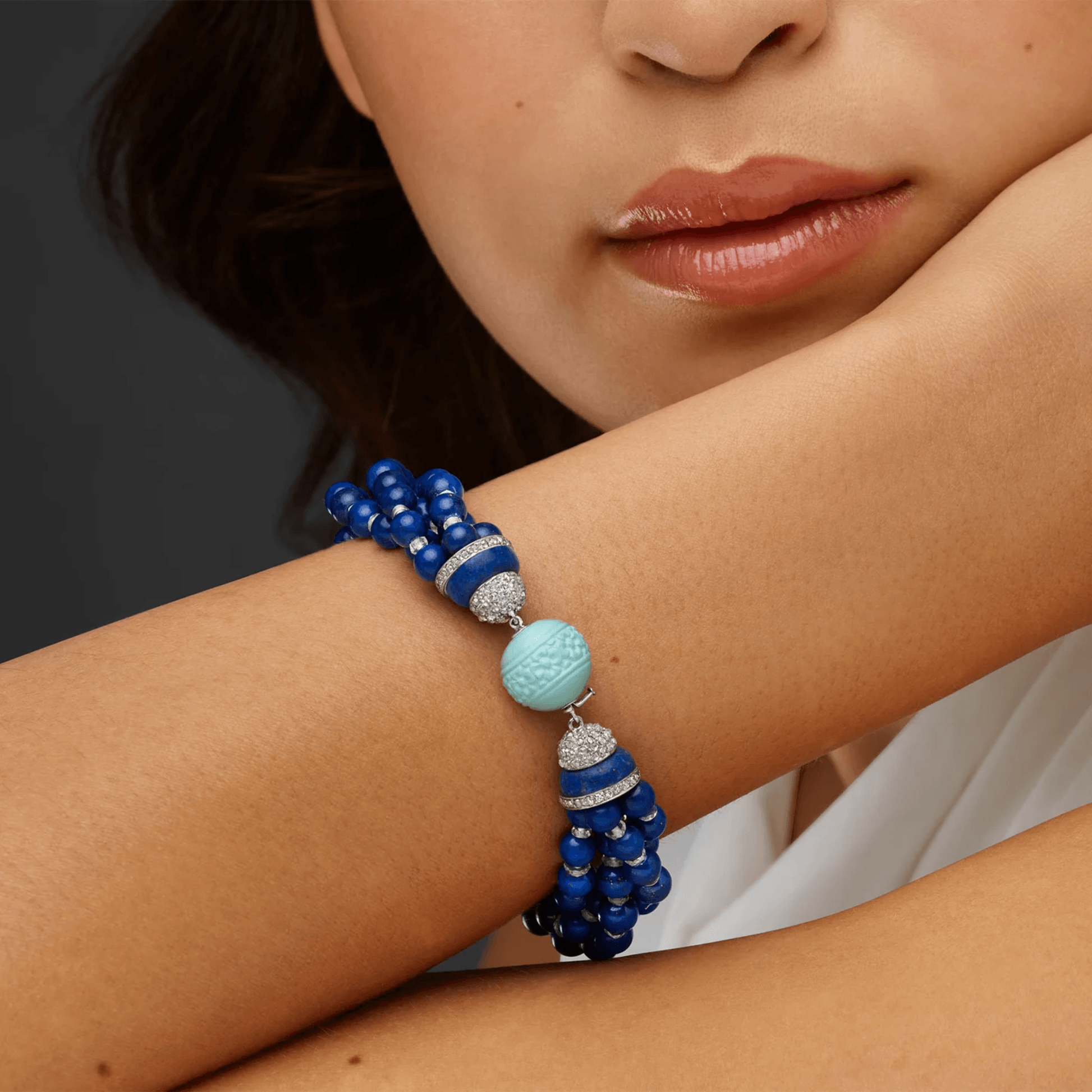 Cartier NY Art Deco Platinum Lapis Lazuli & Diamond Bracelet on wrist