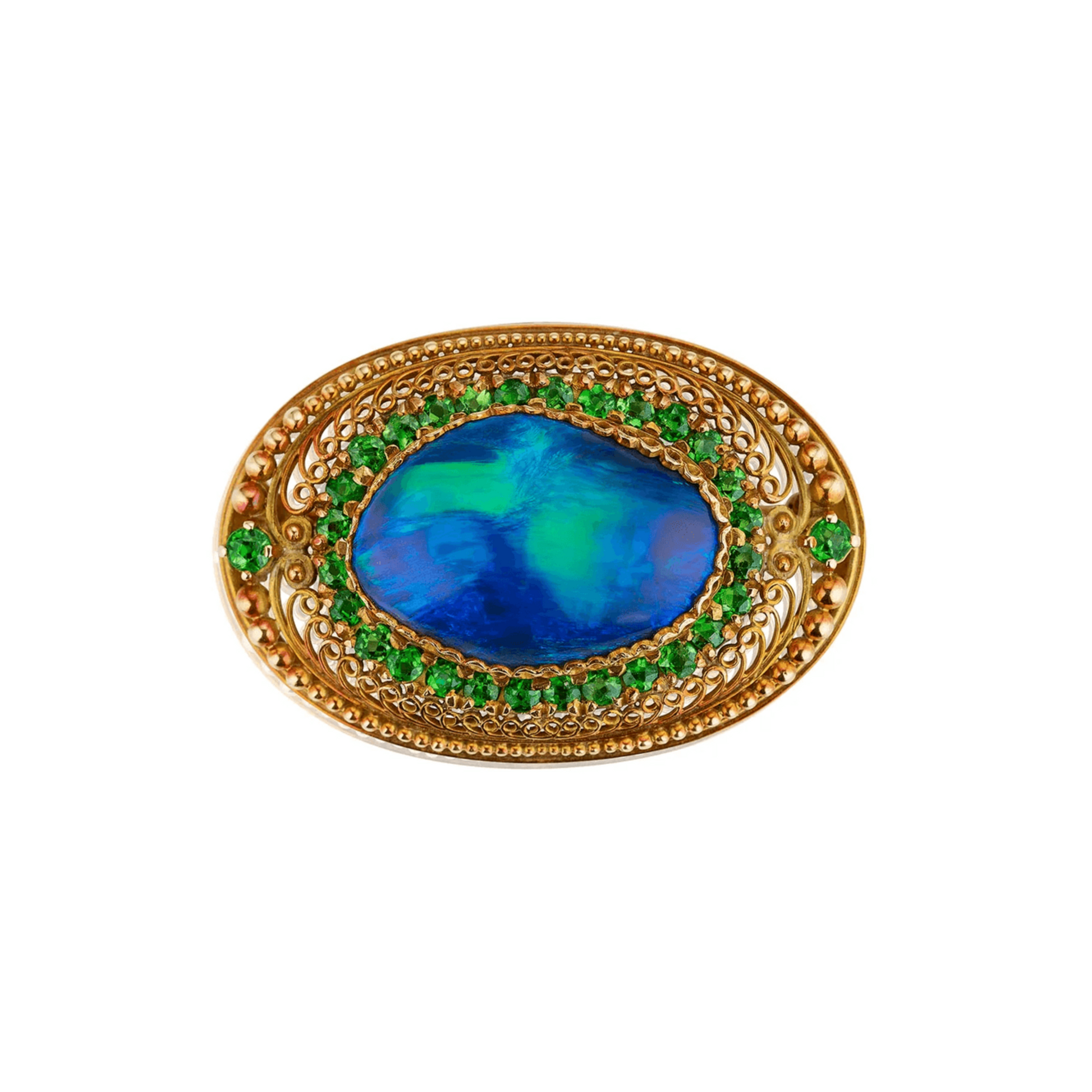 Tiffany & Co. Edwardian 18KT Yellow Gold Opal & Demantoid Garnet Brooch front