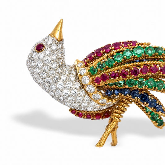 Post-1980s 18KT Yellow Gold Diamond, Emerald, Ruby & Sapphire Bird Brooch front