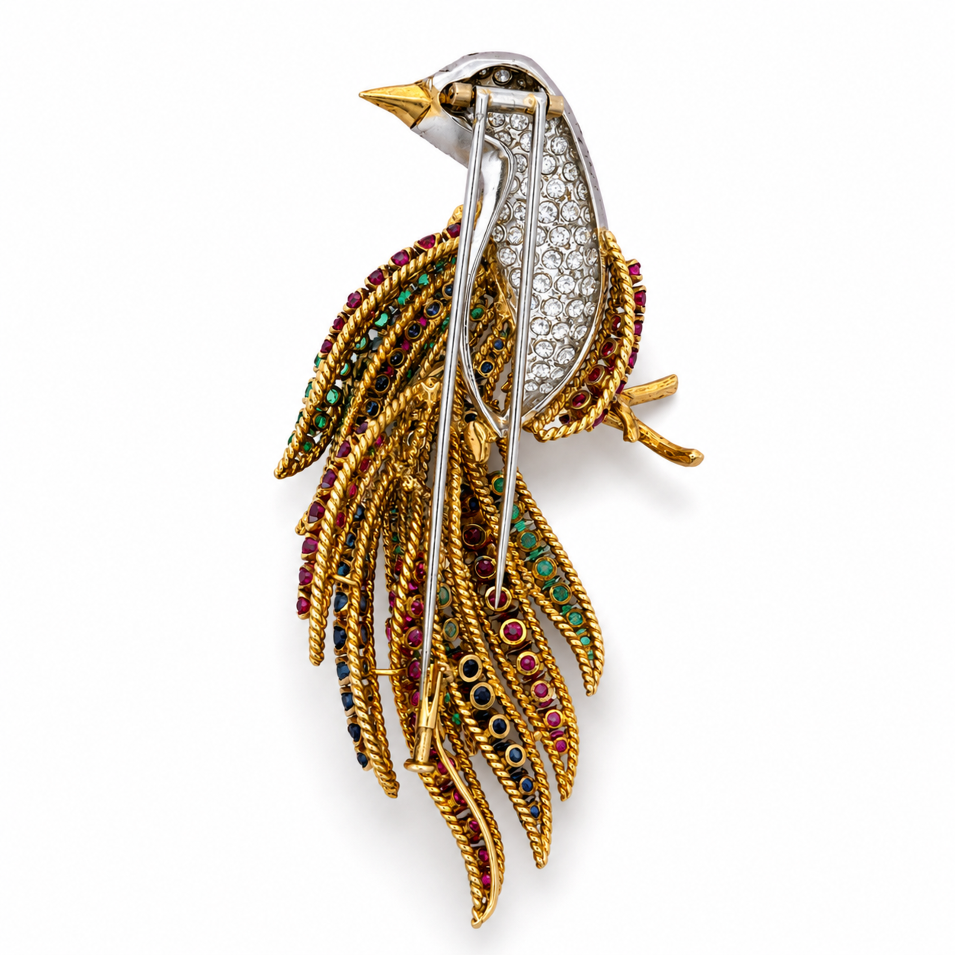 Post-1980s 18KT Yellow Gold Diamond, Emerald, Ruby & Sapphire Bird Brooch back