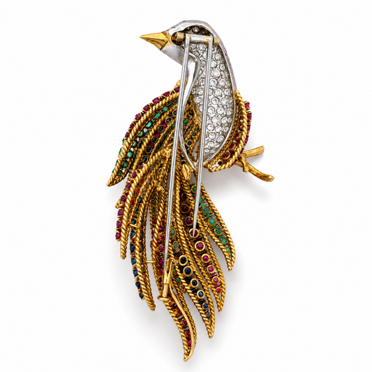 Post-1980s 18KT Yellow Gold Diamond, Emerald, Ruby & Sapphire Bird Brooch back