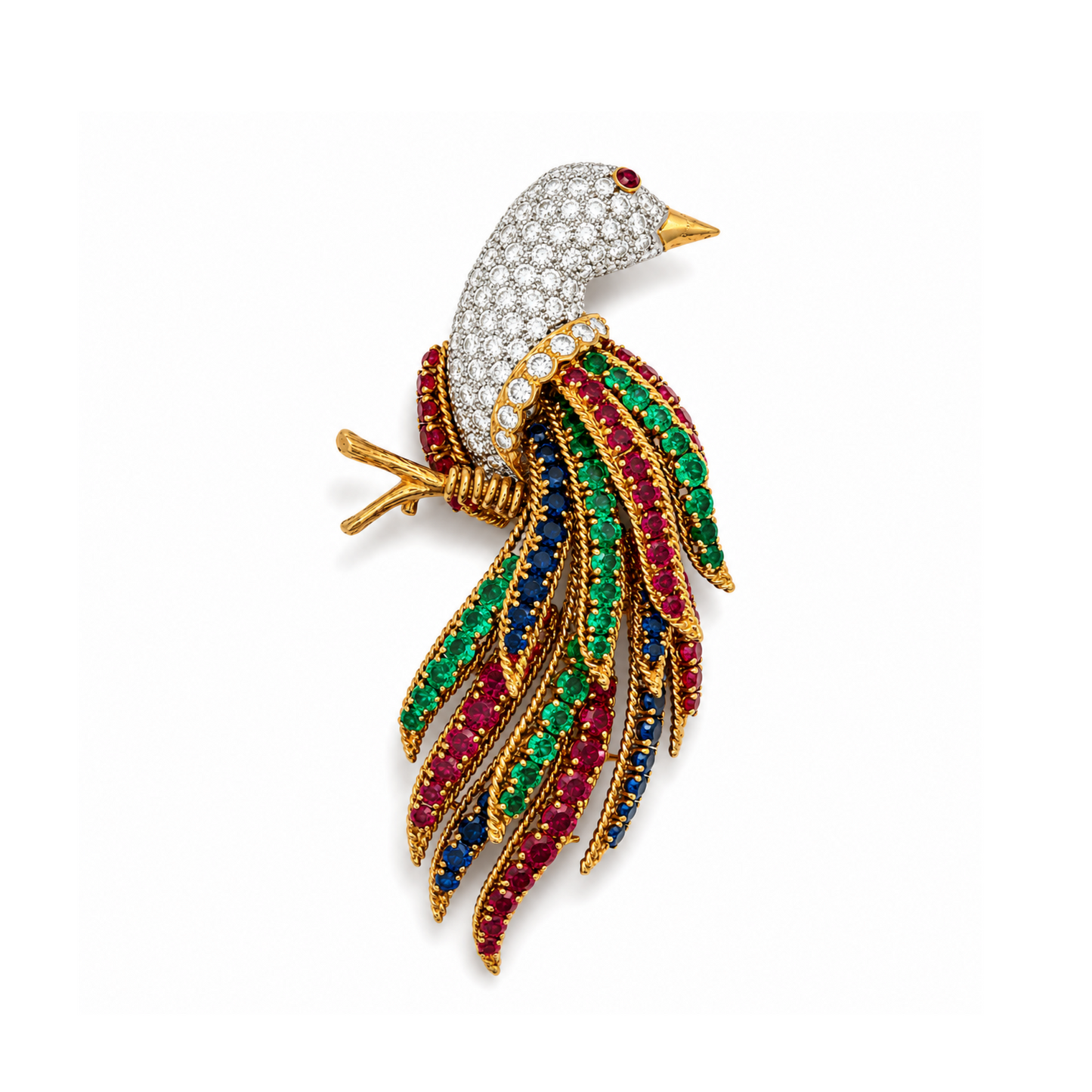 Post-1980s 18KT Yellow Gold Diamond, Emerald, Ruby & Sapphire Bird Brooch front