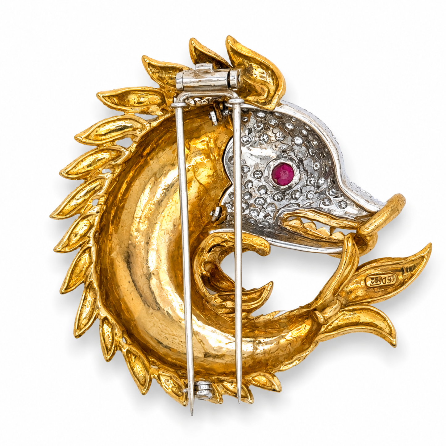 18KT Yellow Gold Diamond, Enamel & Ruby Fish Brooch back