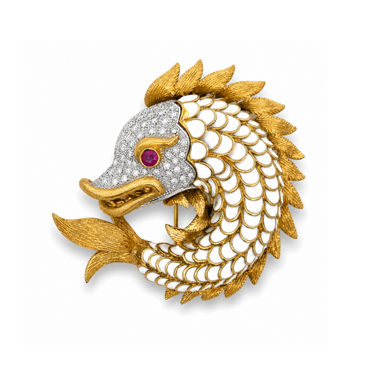 18KT Yellow Gold Diamond, Enamel & Ruby Fish Brooch front
