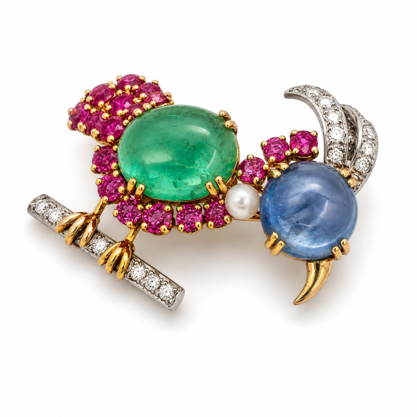 1950s Platinum & 18KT Yellow Gold Emerald, Diamond, Ruby & Sapphire Bird Brooch front