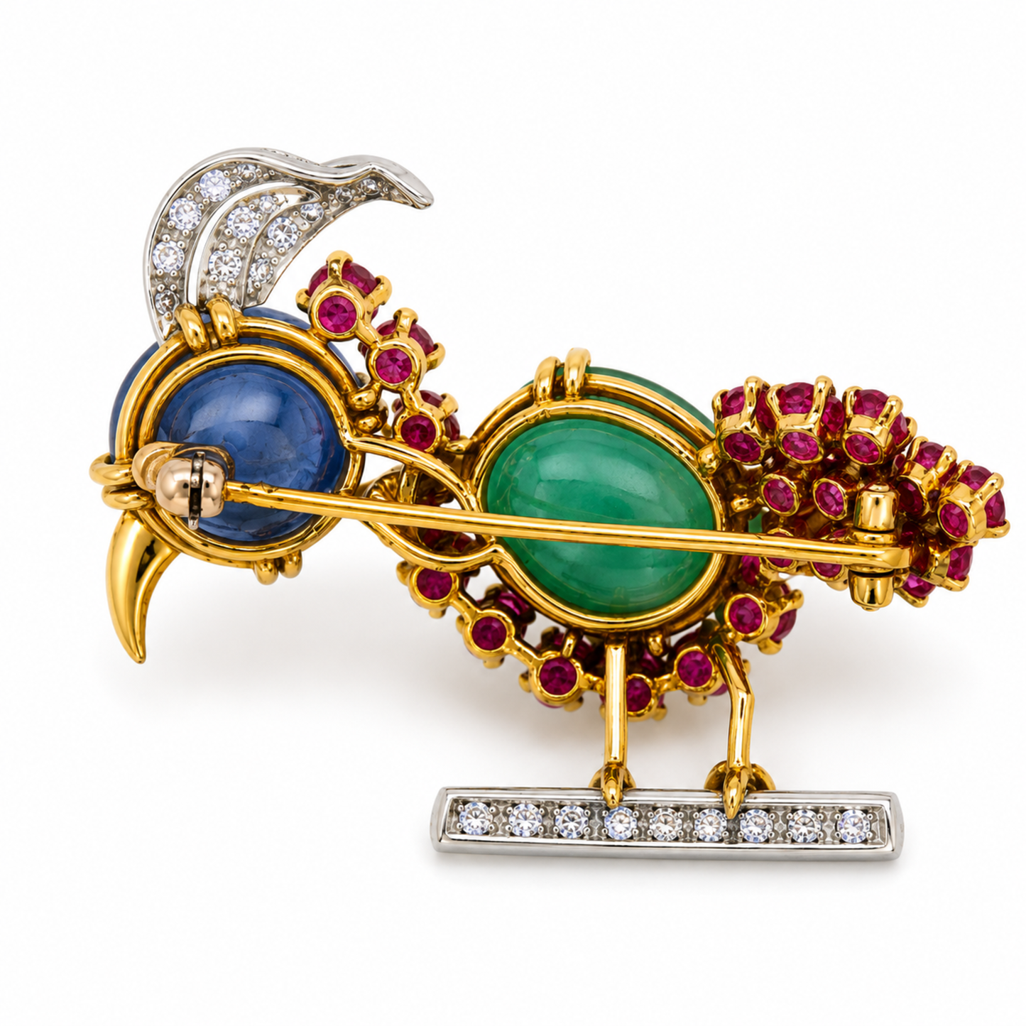1950s Platinum & 18KT Yellow Gold Emerald, Diamond, Ruby & Sapphire Bird Brooch back