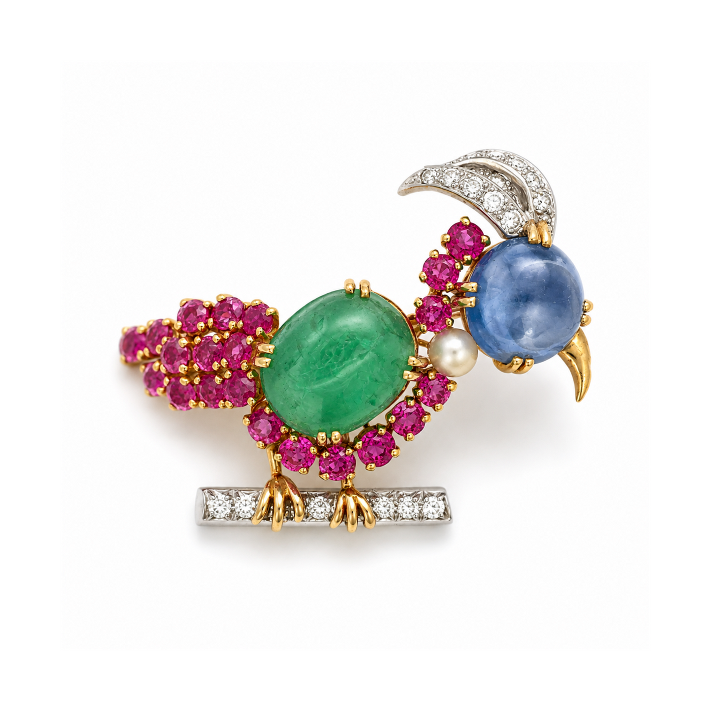 1950s Platinum & 18KT Yellow Gold Emerald, Diamond, Ruby & Sapphire Bird Brooch front