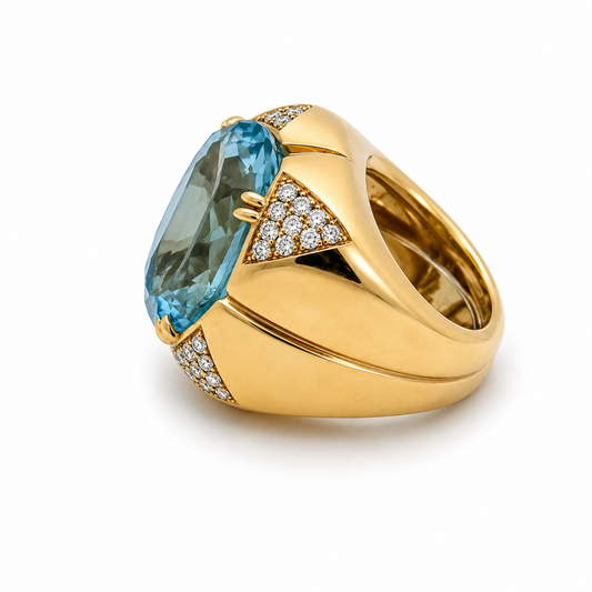 Andrew Clunn Post-1980s 18KT Yellow Gold Aquamarine & Diamond Ring side