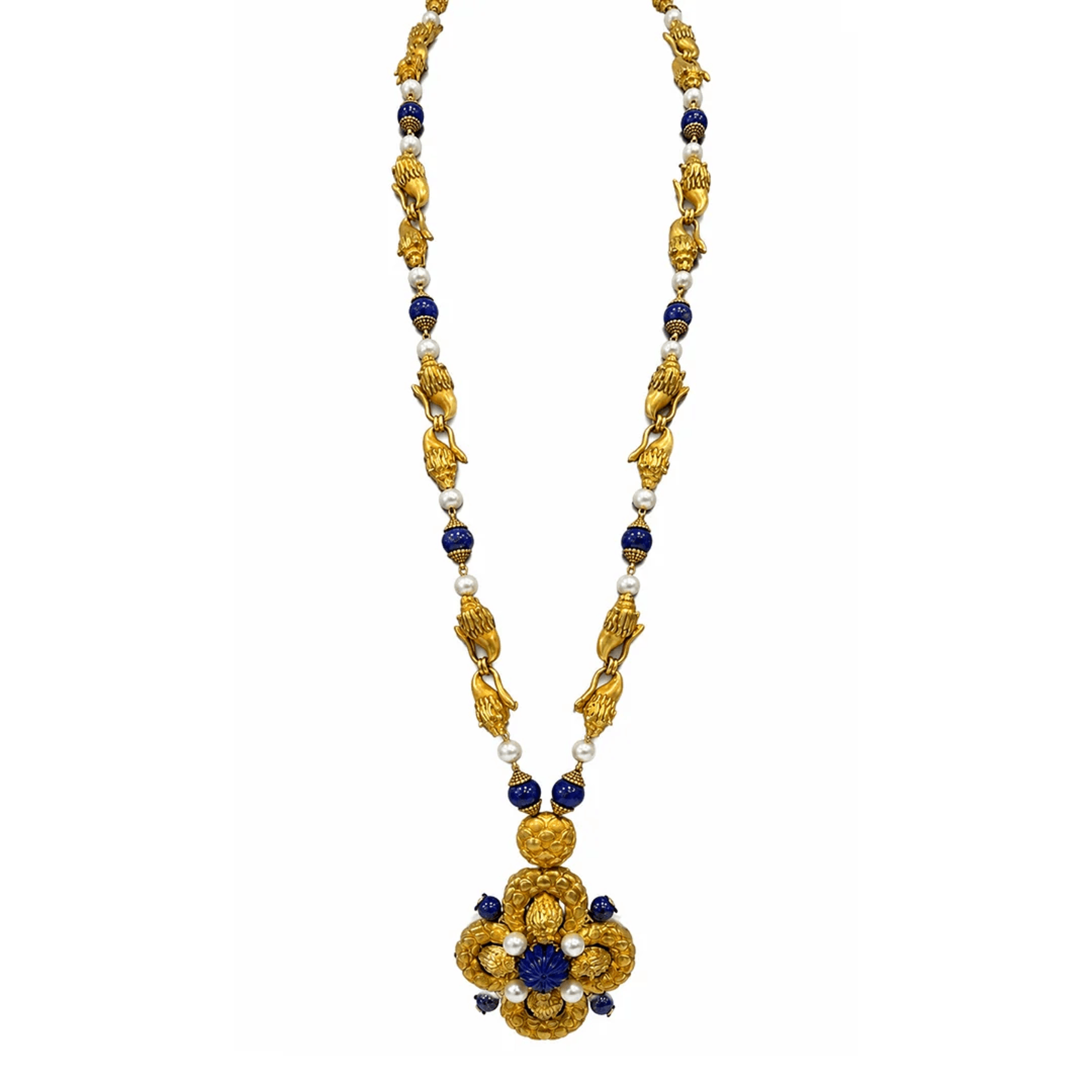 Post-1980s 18KT Yellow Gold Lapis Lazuli & Cultured Pearl Necklace front