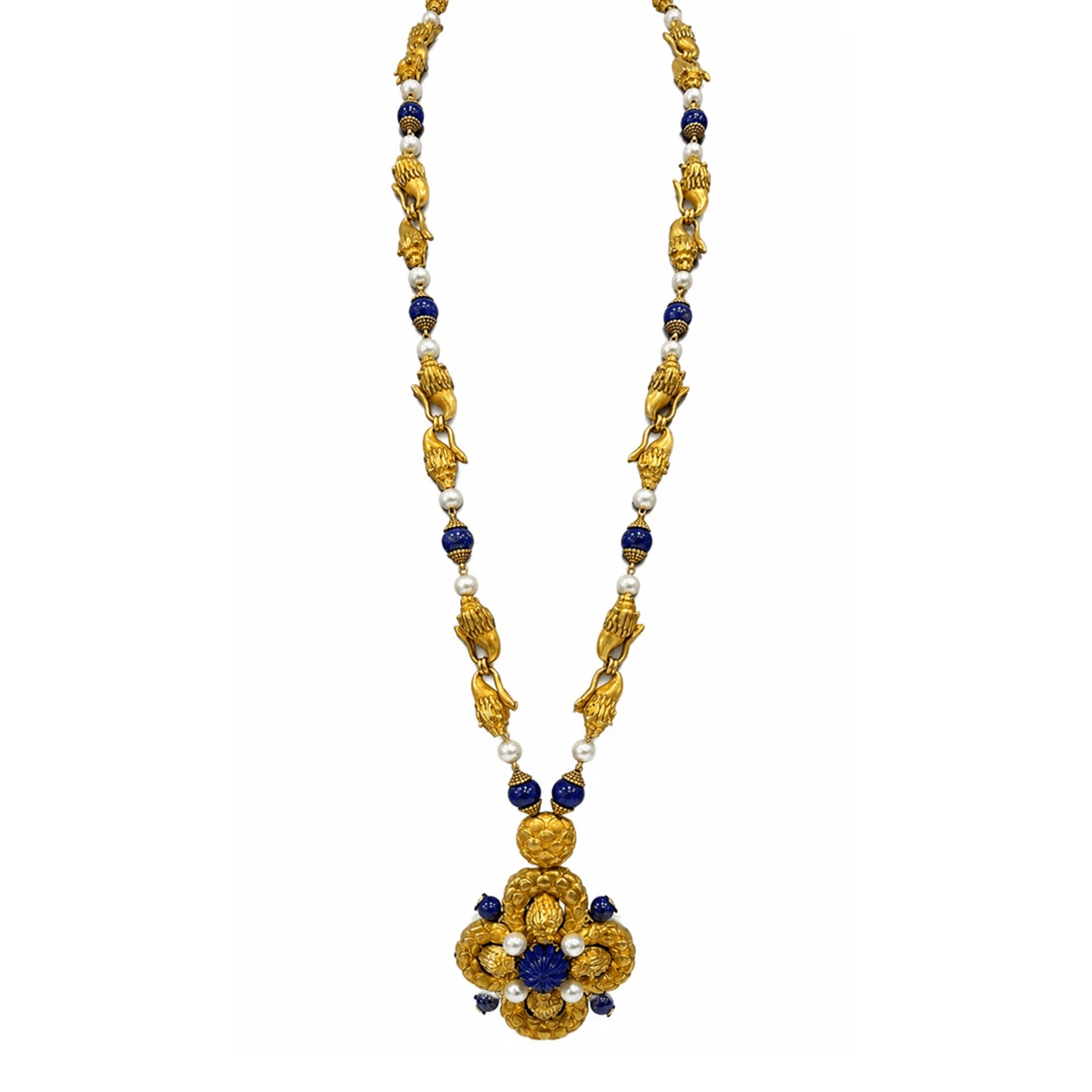 Post-1980s 18KT Yellow Gold Lapis Lazuli & Cultured Pearl Necklace front