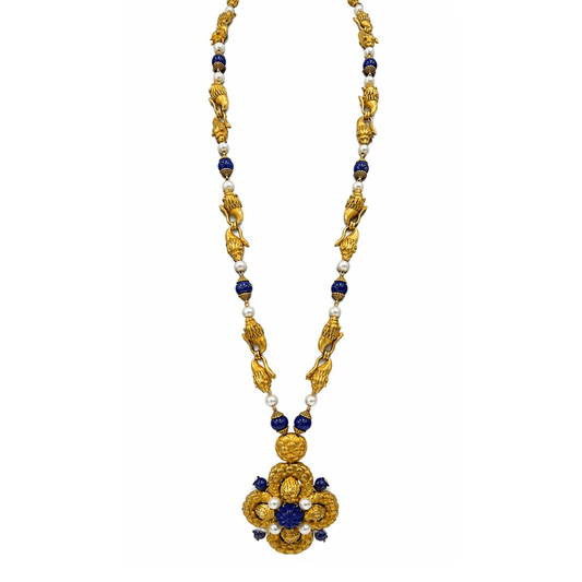 Post-1980s 18KT Yellow Gold Lapis Lazuli & Cultured Pearl Necklace front