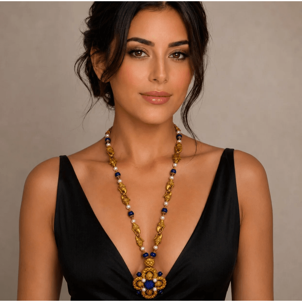 Post-1980s 18KT Yellow Gold Lapis Lazuli & Cultured Pearl Necklace worn on neck
