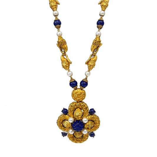 Post-1980s 18KT Yellow Gold Lapis Lazuli & Cultured Pearl Necklace front