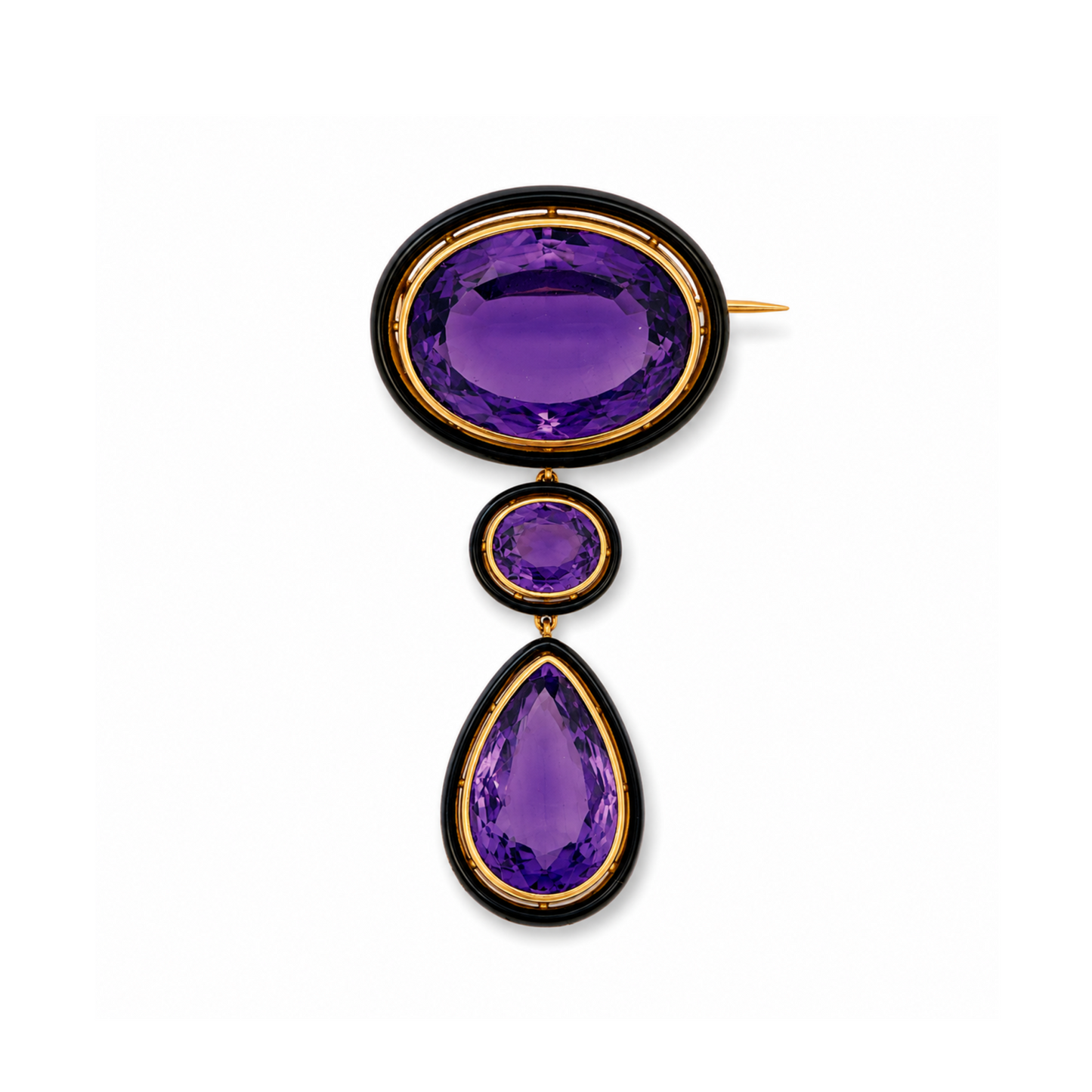 French Victorian 18KT Yellow Gold Amethyst & Enamel Brooch front
