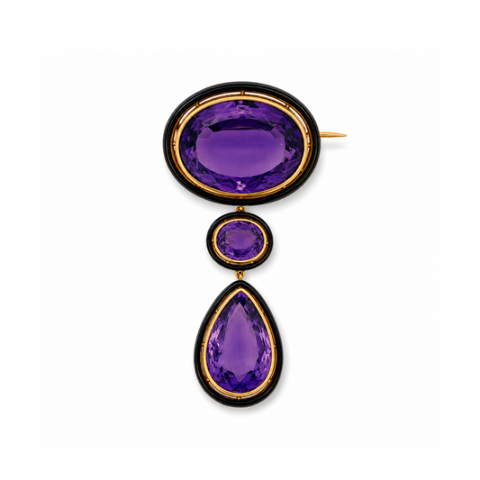 French Victorian 18KT Yellow Gold Amethyst & Enamel Brooch front