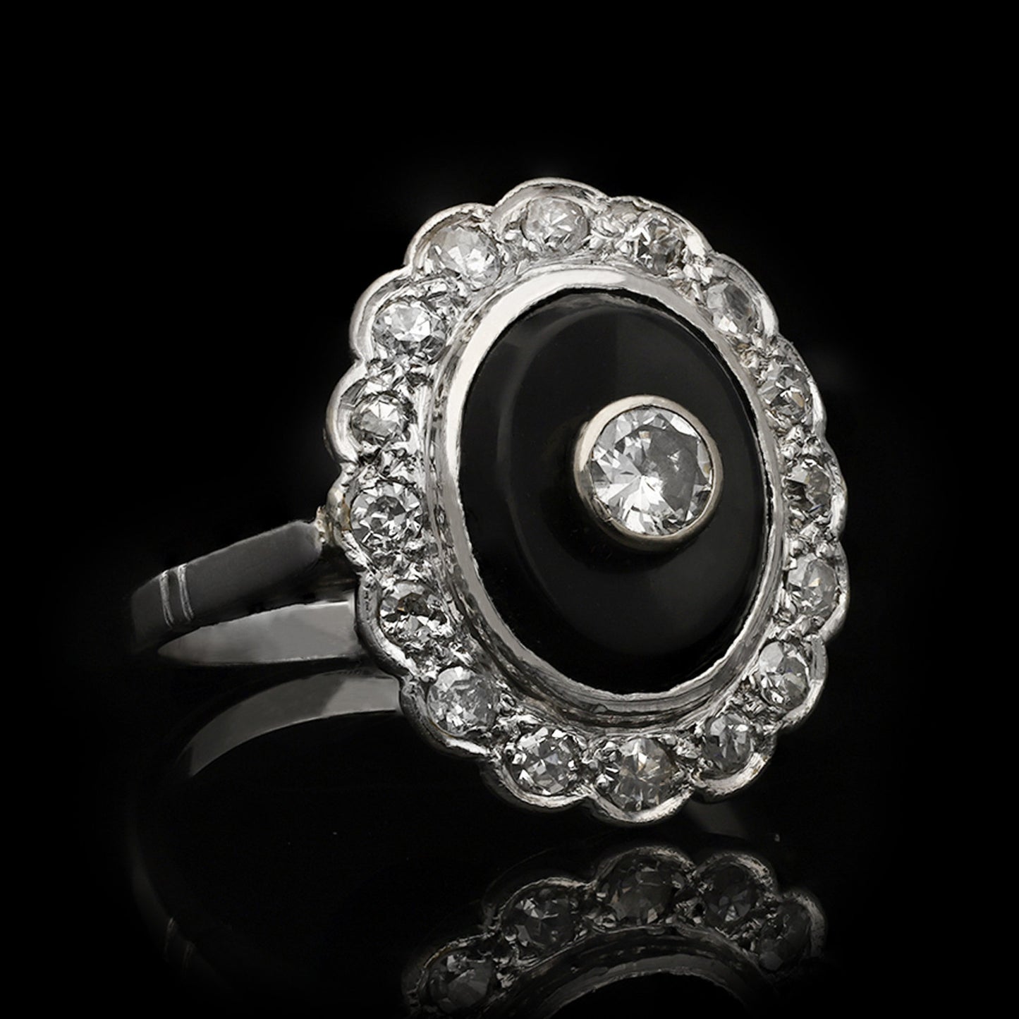 Art Deco Platinum Diamond & Onyx Ring front