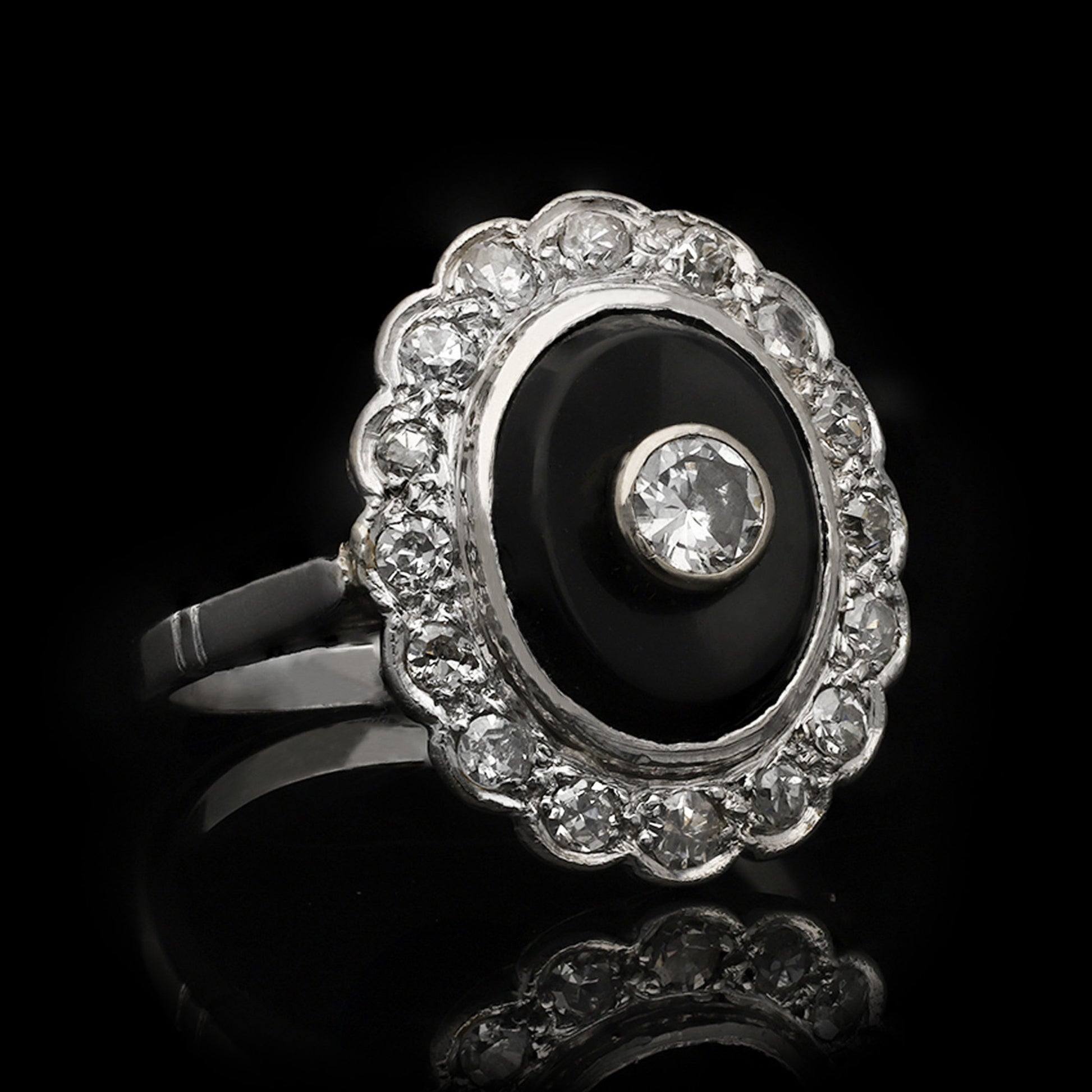 Art Deco Platinum Diamond & Onyx Ring front