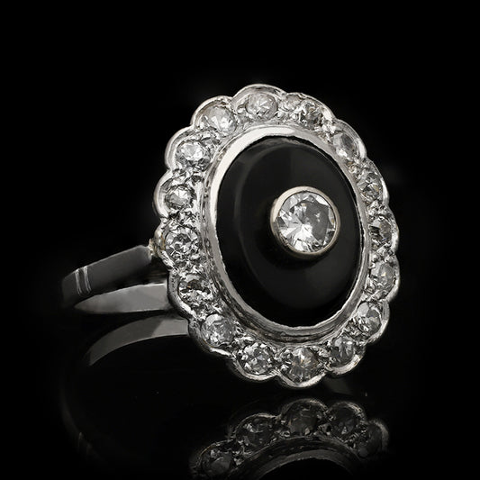 Art Deco Platinum Diamond & Onyx Ring front