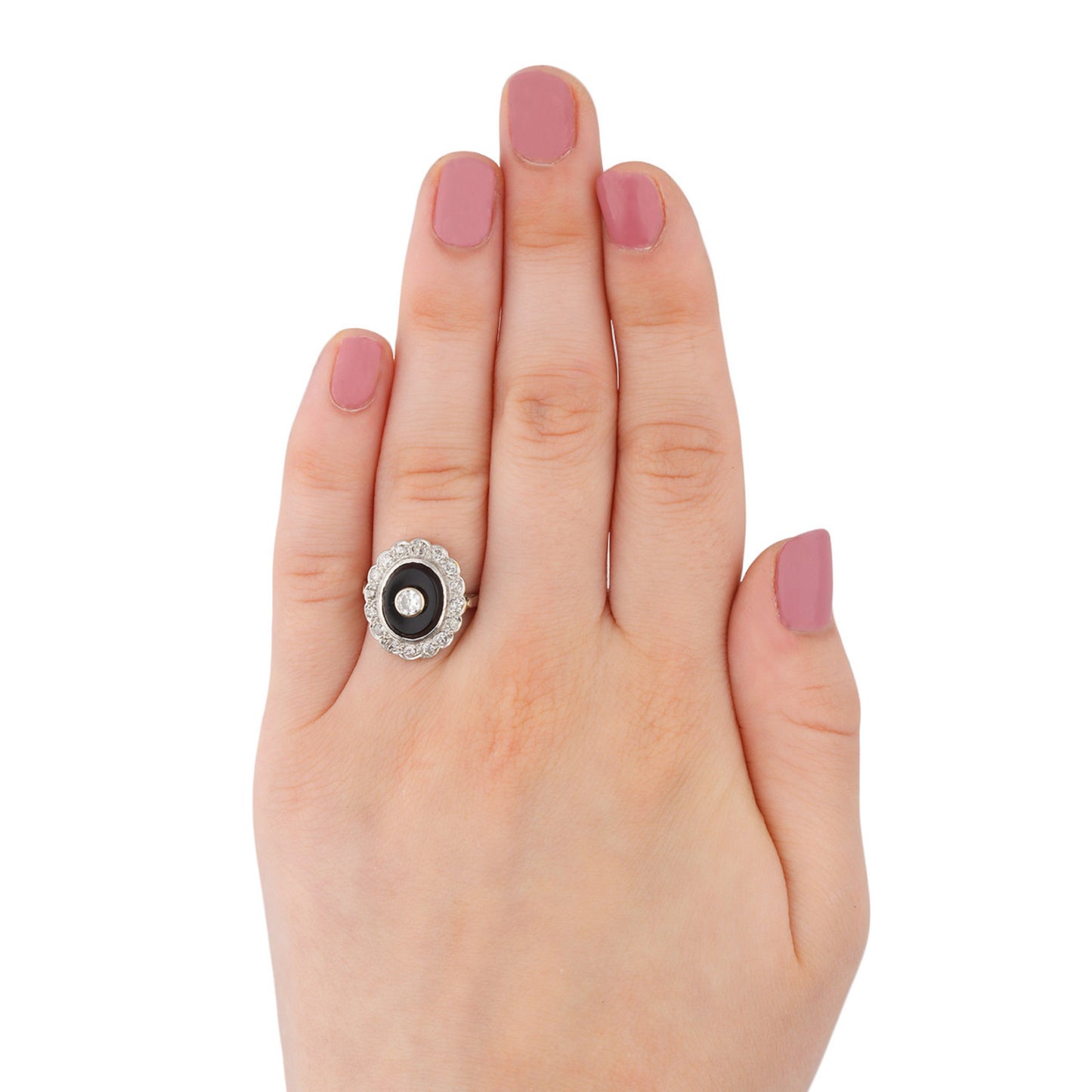 Art Deco Platinum Diamond & Onyx Ring on finger