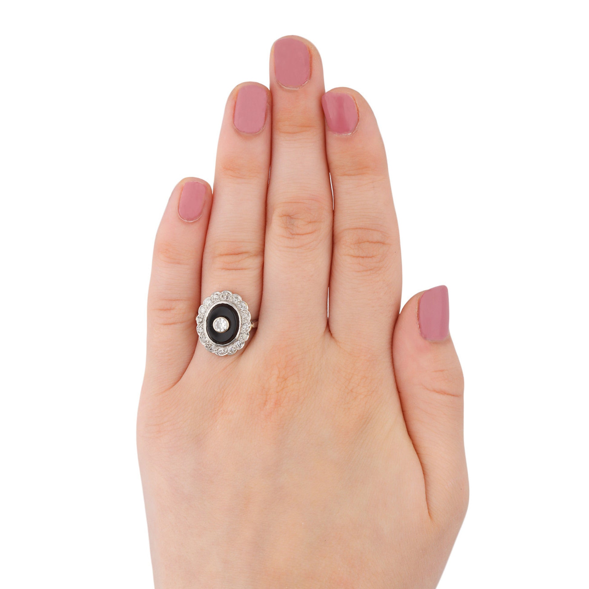 Art Deco Platinum Diamond & Onyx Ring on finger