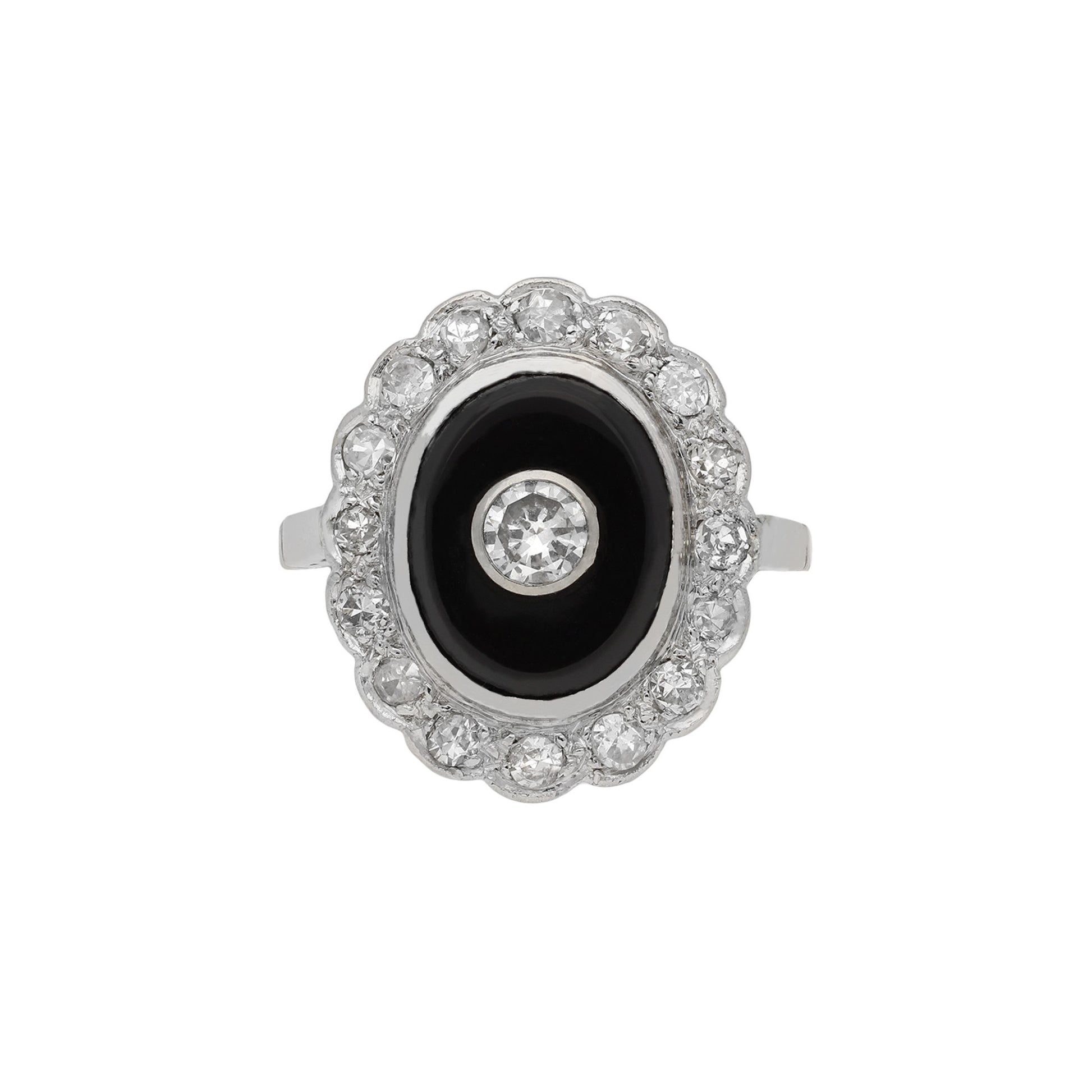 Art Deco Platinum Diamond & Onyx Ring front