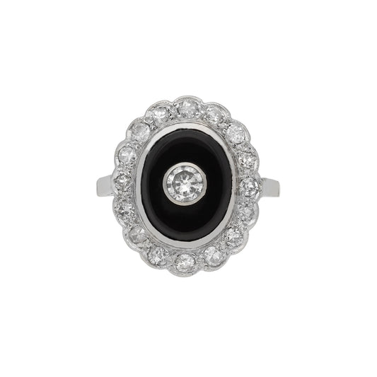 Art Deco Platinum Diamond & Onyx Ring front