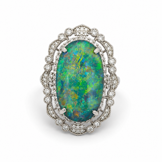 1980s Platinum Opal & Diamond Ring front