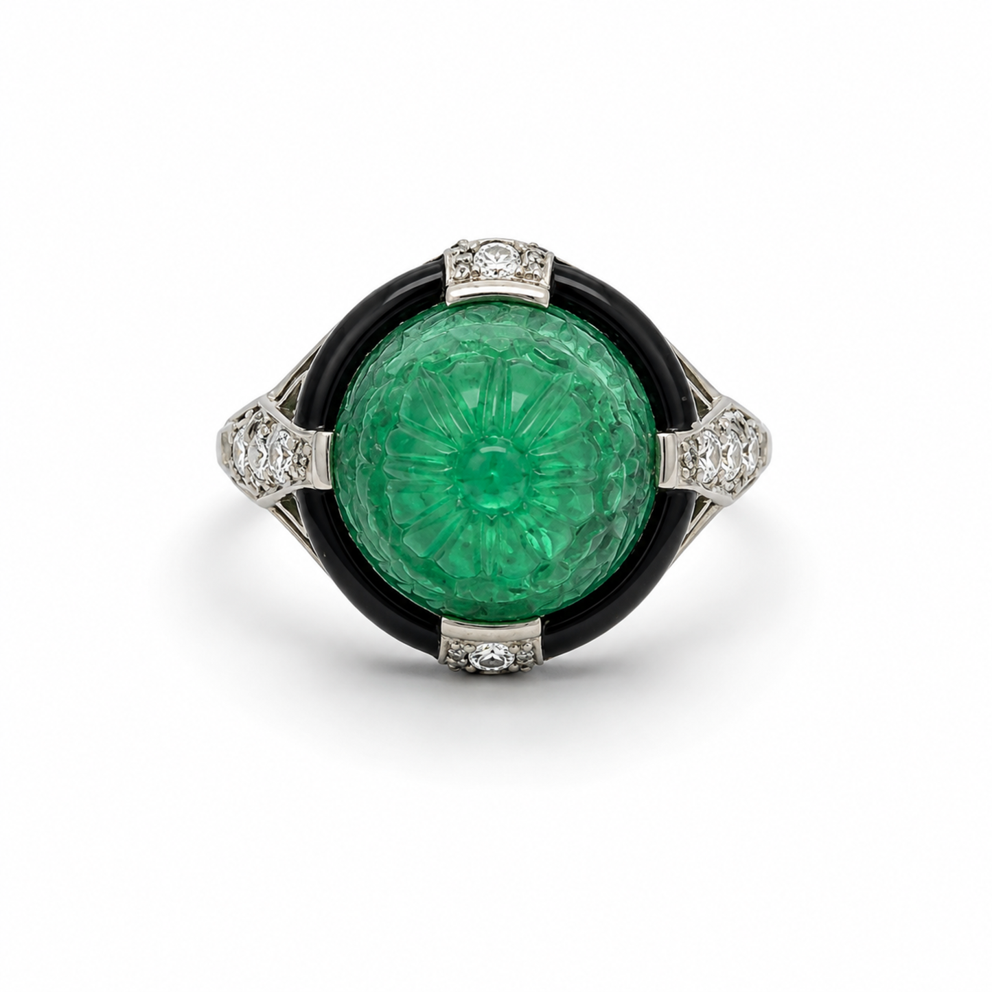 Art Deco Platinum Emerald, Diamond & Enamel Ring front