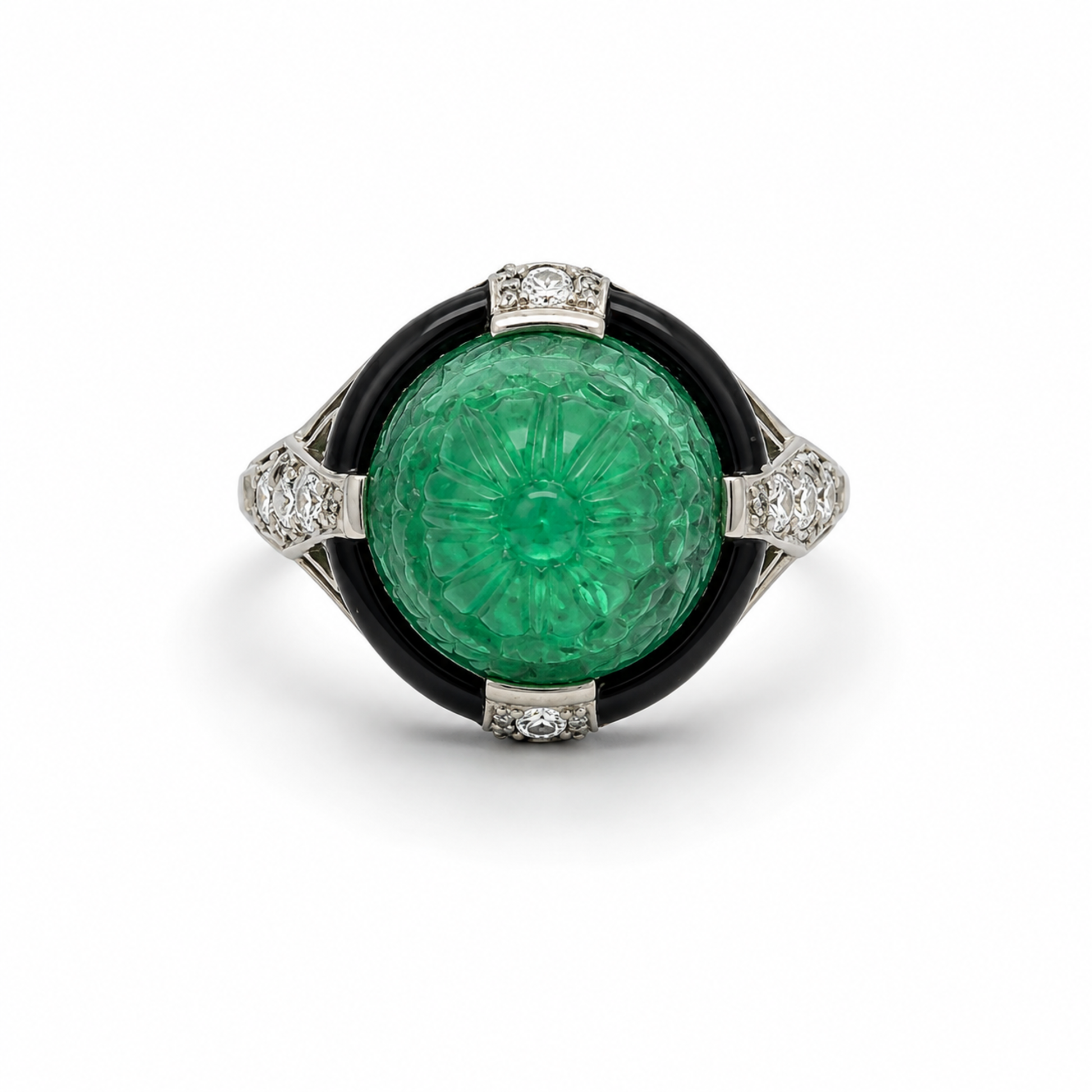 Art Deco Platinum Emerald, Diamond & Enamel Ring front