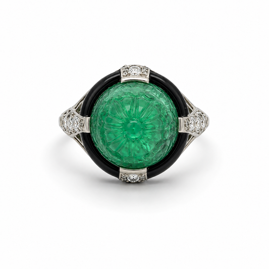 Art Deco Platinum Emerald, Diamond & Enamel Ring front