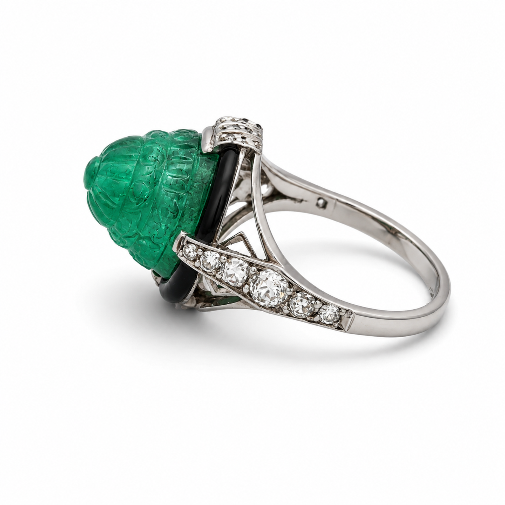 Art Deco Platinum Emerald, Diamond & Enamel Ring side