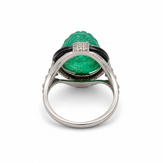 Art Deco Platinum Emerald, Diamond & Enamel Ring back