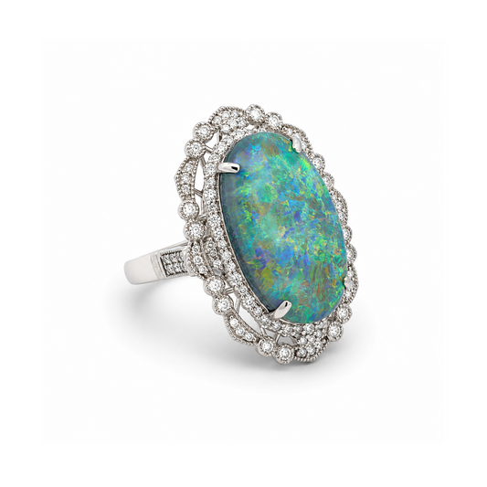1980s Platinum Opal & Diamond Ring side