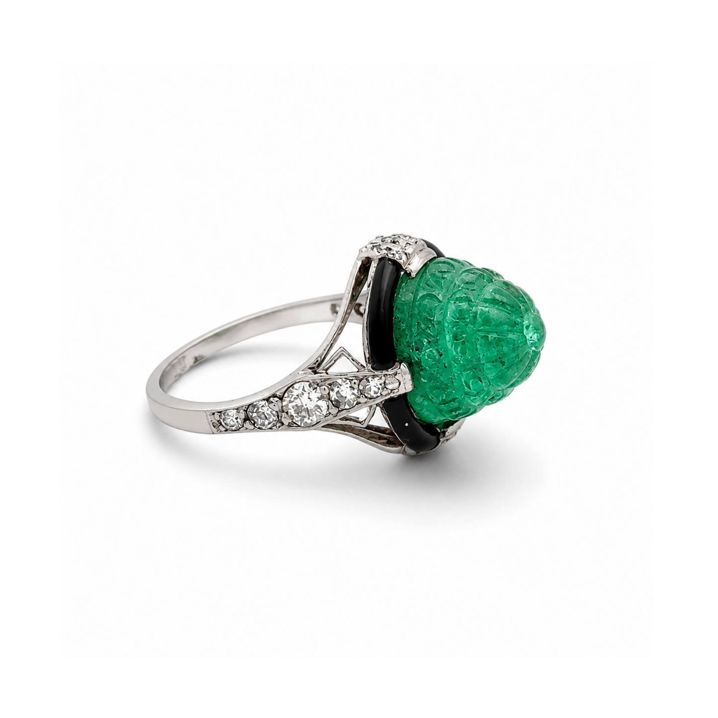Art Deco Platinum Emerald, Diamond & Enamel Ring side