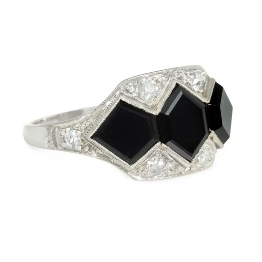 Marcus & Co. Art Deco Platinum Onyx & Diamond Ring side