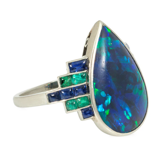 Art Deco Platinum Opal, Emerald & Sapphire Ring side