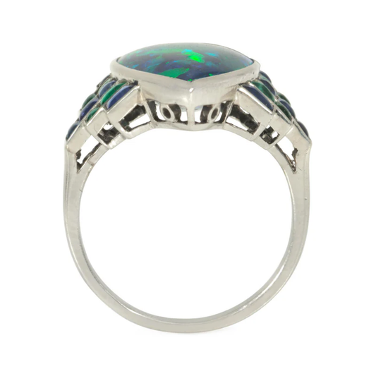 Art Deco Platinum Opal, Emerald & Sapphire Ring profile