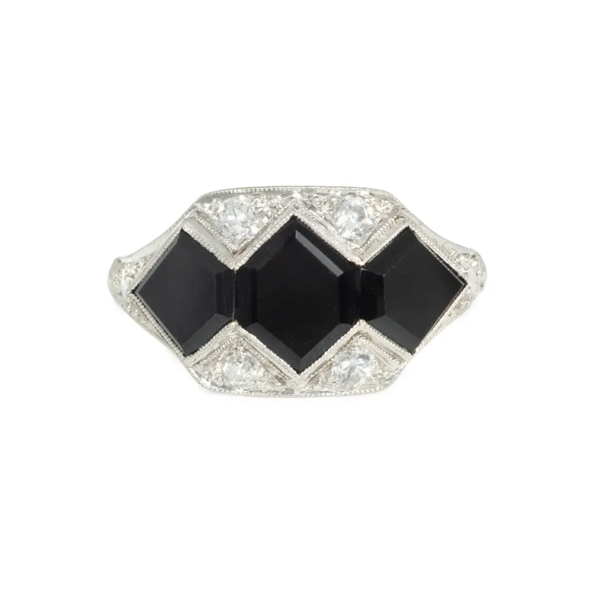 Marcus & Co. Art Deco Platinum Onyx & Diamond Ring front