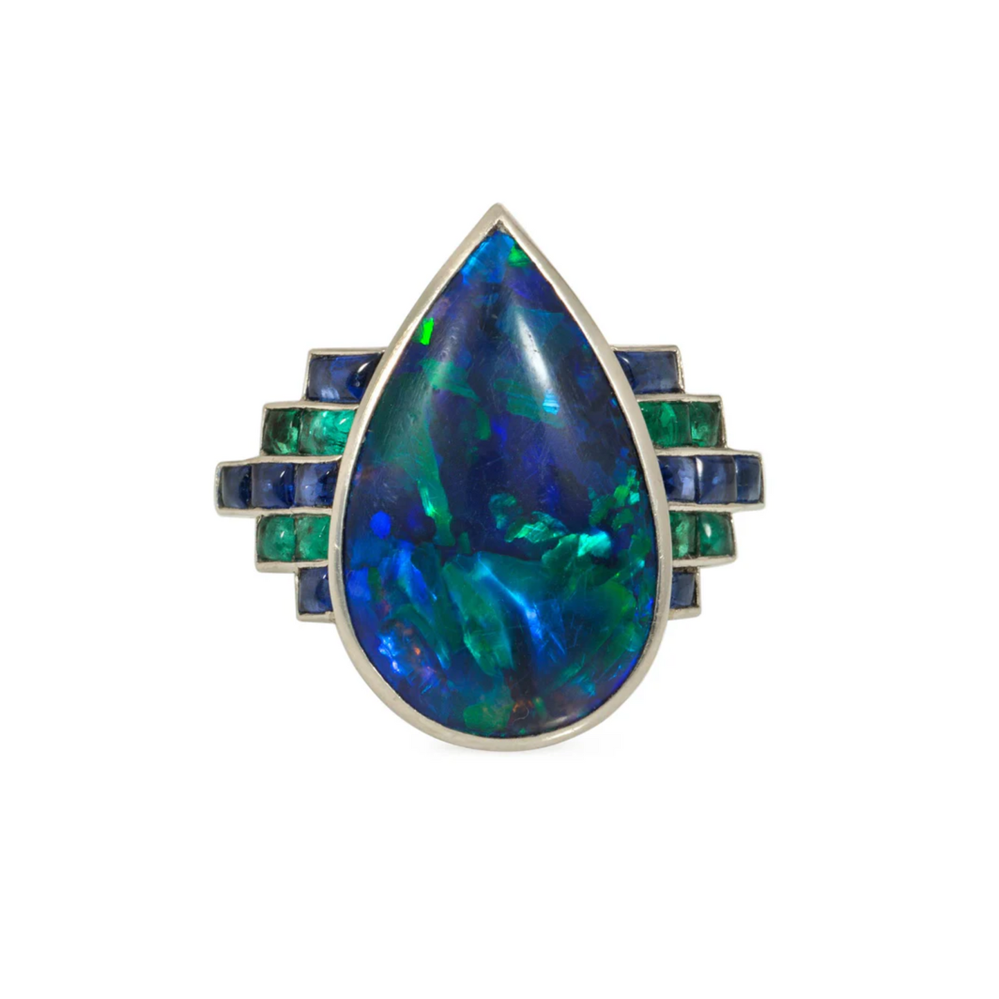 Art Deco Platinum Opal, Emerald & Sapphire Ring front