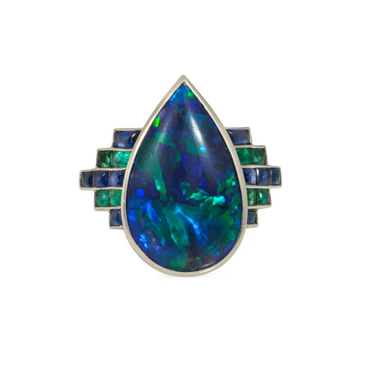 Art Deco Platinum Opal, Emerald & Sapphire Ring front