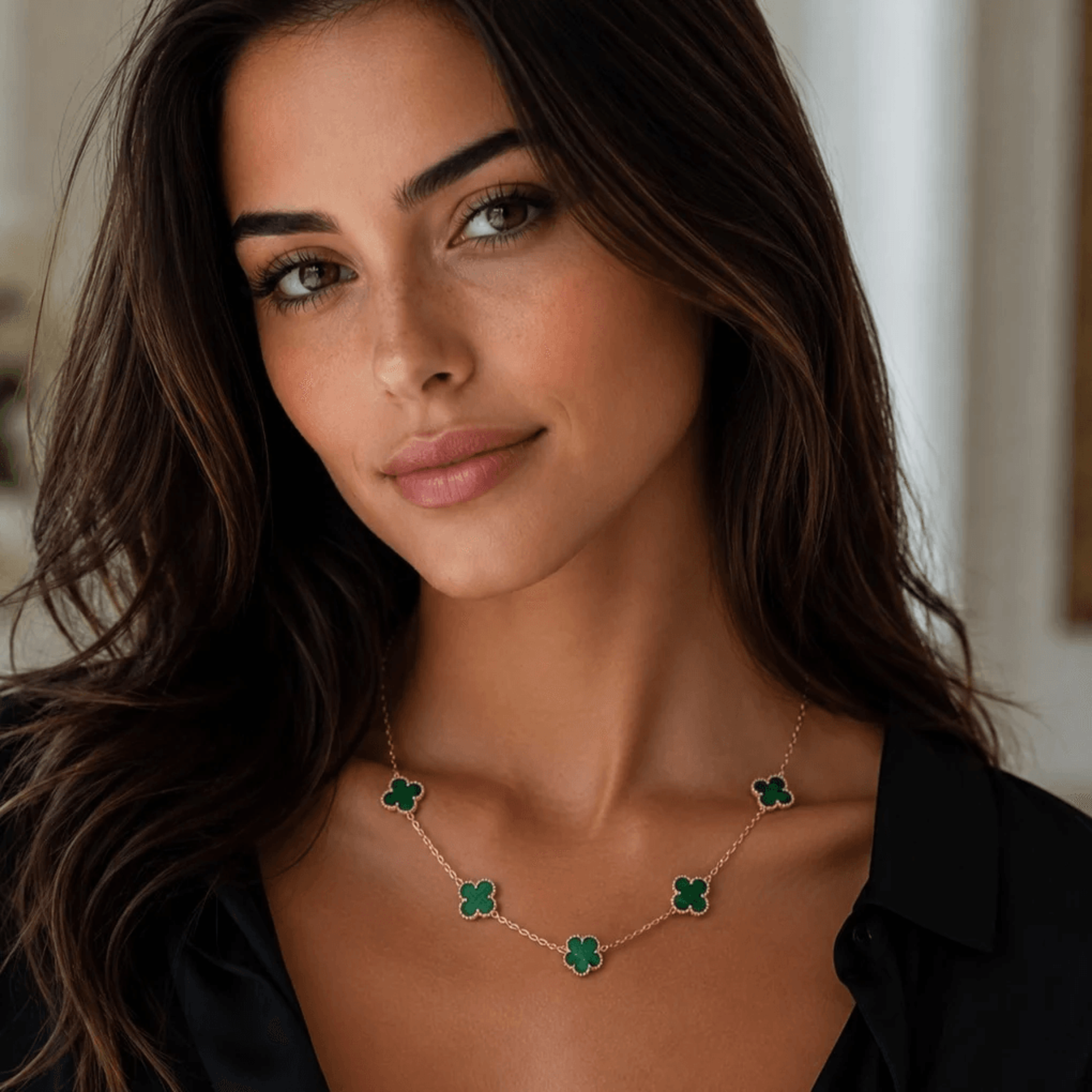 Van Cleef & Arpels Post-1980s 18KT Yellow Gold Malachite Necklace on neck