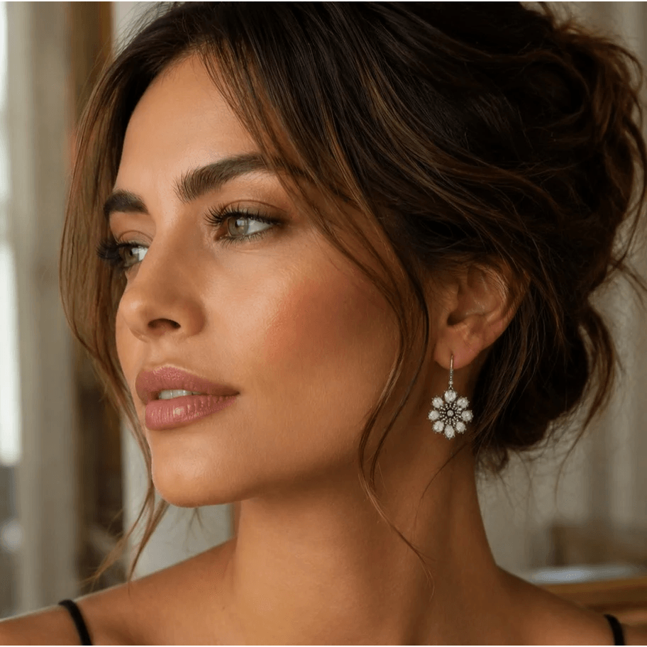 Contemporary 18KT White Gold Diamond Earrings on ear