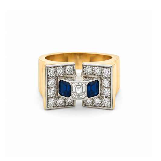 1940s Platinum & 18KT Yellow Gold Diamond & Sapphire Ring front