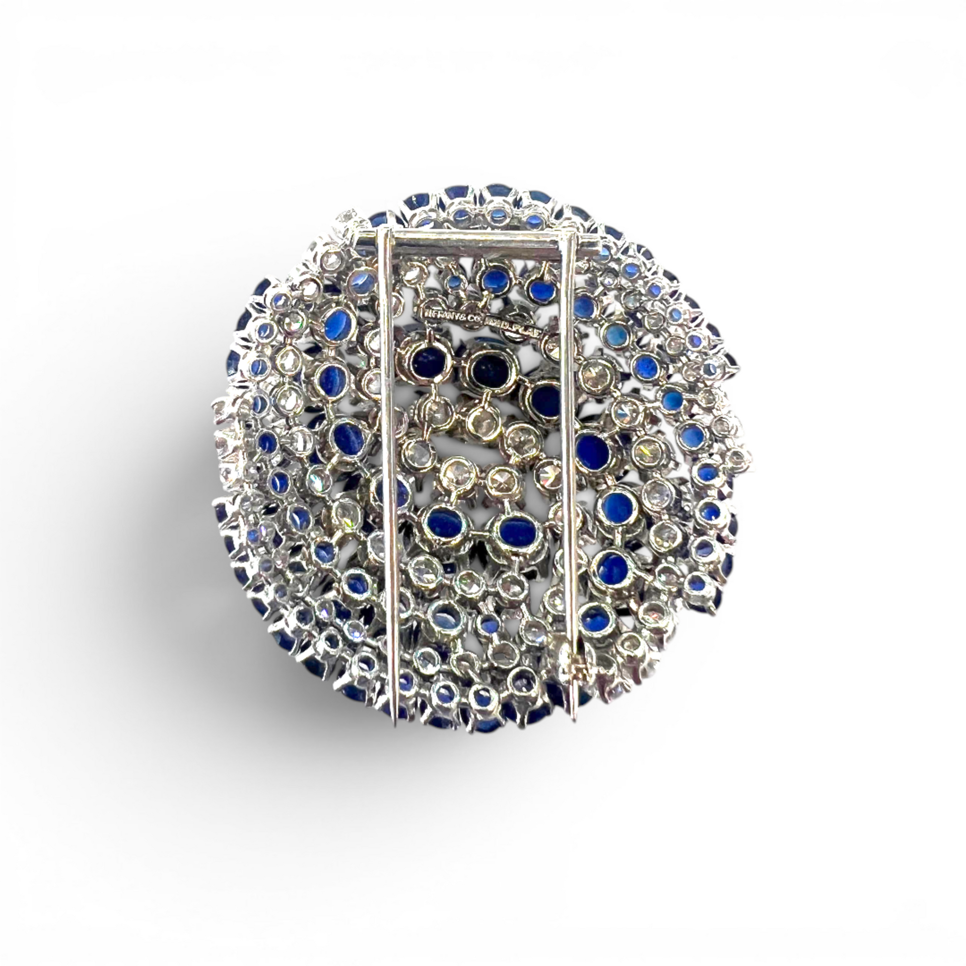 Tiffany & Co. 1960s Platinum Sapphire & Diamond Brooch back and signature