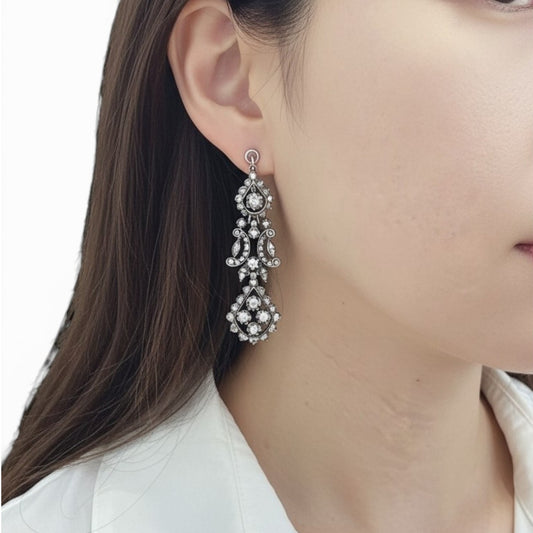 Antique Silver Diamond Iberian Earrings on ear