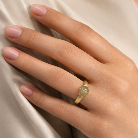1980s 18KT Yellow Gold Chrysoberyl Cat's Eye Ring on finger