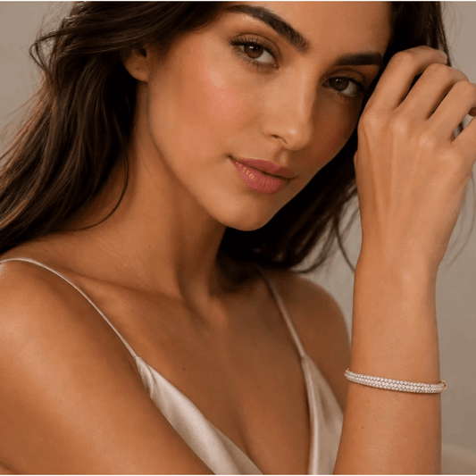 Contemporary 14KT Rose Gold Diamond Bracelet on wrist