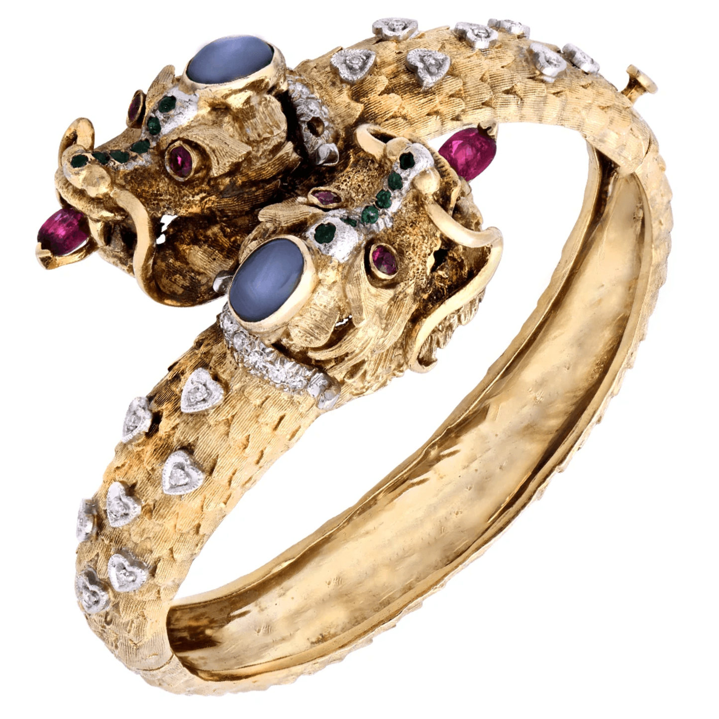 Post-1980s 18KT Yellow Gold Diamond, Ruby & Sapphire Dragon Bracelet front