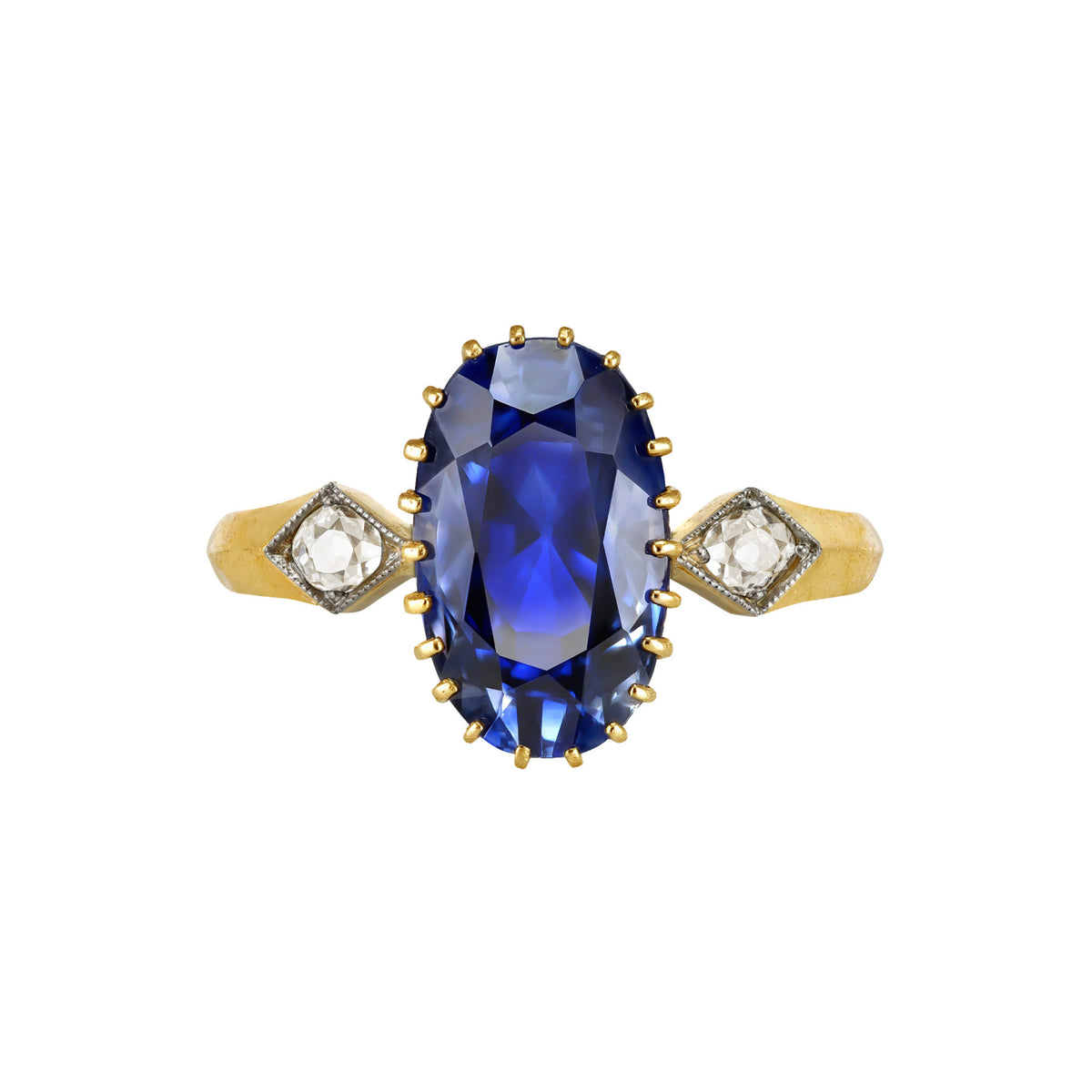 Victorian Silver & 18KT Yellow Gold Sapphire & Diamond Ring front