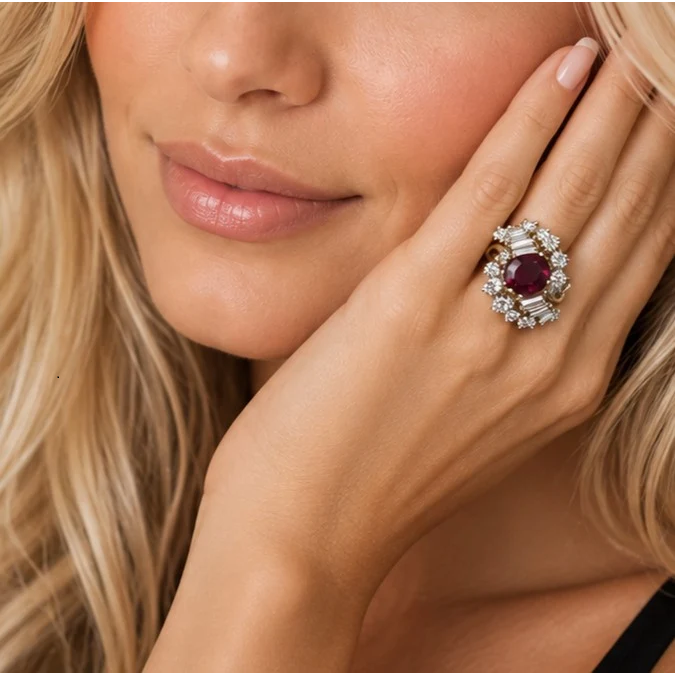 Kurt Wayne Post-1980s 18KT Yellow Gold Ruby & Diamond Ring on finger